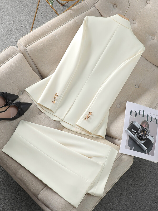 Őszi téli rózsaszín fekete bézs női nadrágkosztüm, 2 részes szett női üzleti munkaruha formális blézer dzseki és nadrág