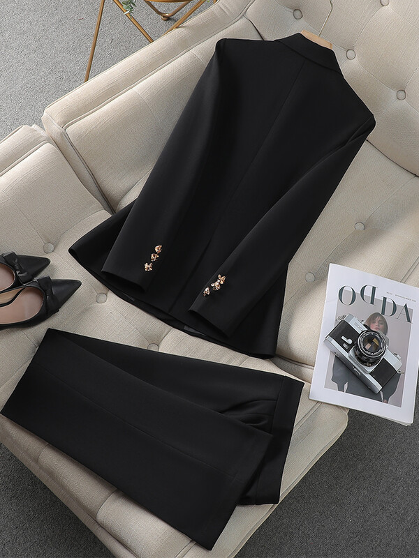 Őszi téli rózsaszín fekete bézs női nadrágkosztüm, 2 részes szett női üzleti munkaruha formális blézer dzseki és nadrág