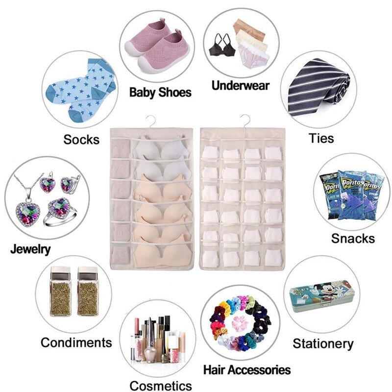 Divpusējs sienas plaukts Garderobes glabāšanas somas ar 36 kabatām Auduma skapis Apakšveļa Piekarināma organizatora soma ar rotējošu metāla pakaramo