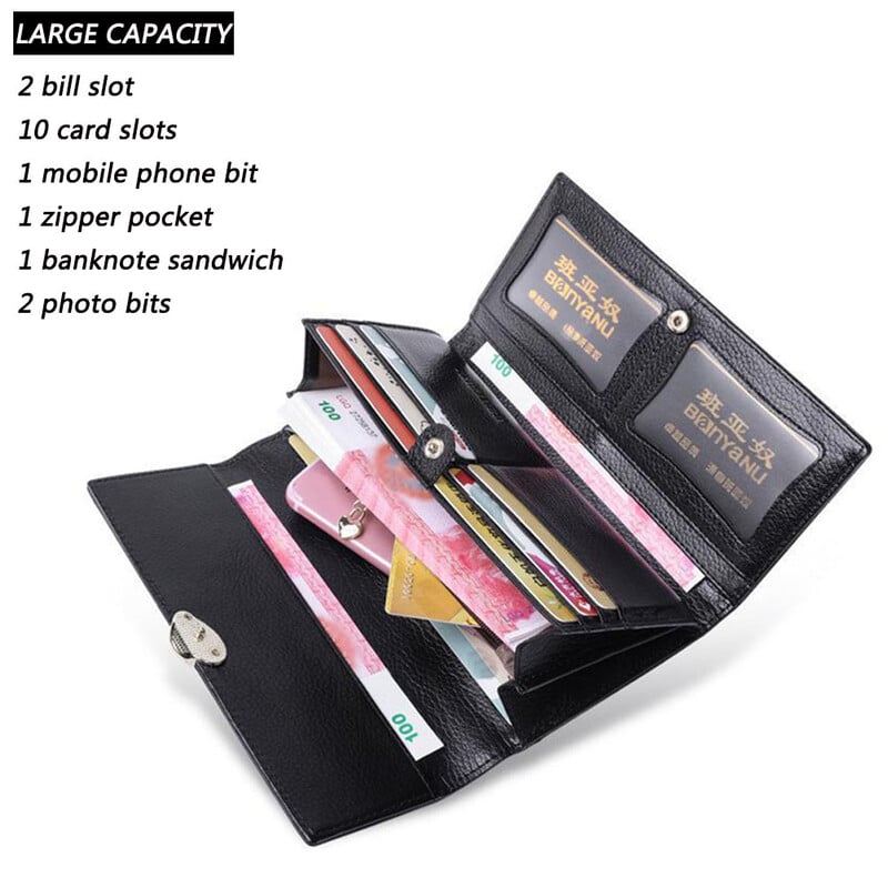 Új licsi mintás valódi bőr pénztárca nőknek, hosszú bőr levelű női pénztárca