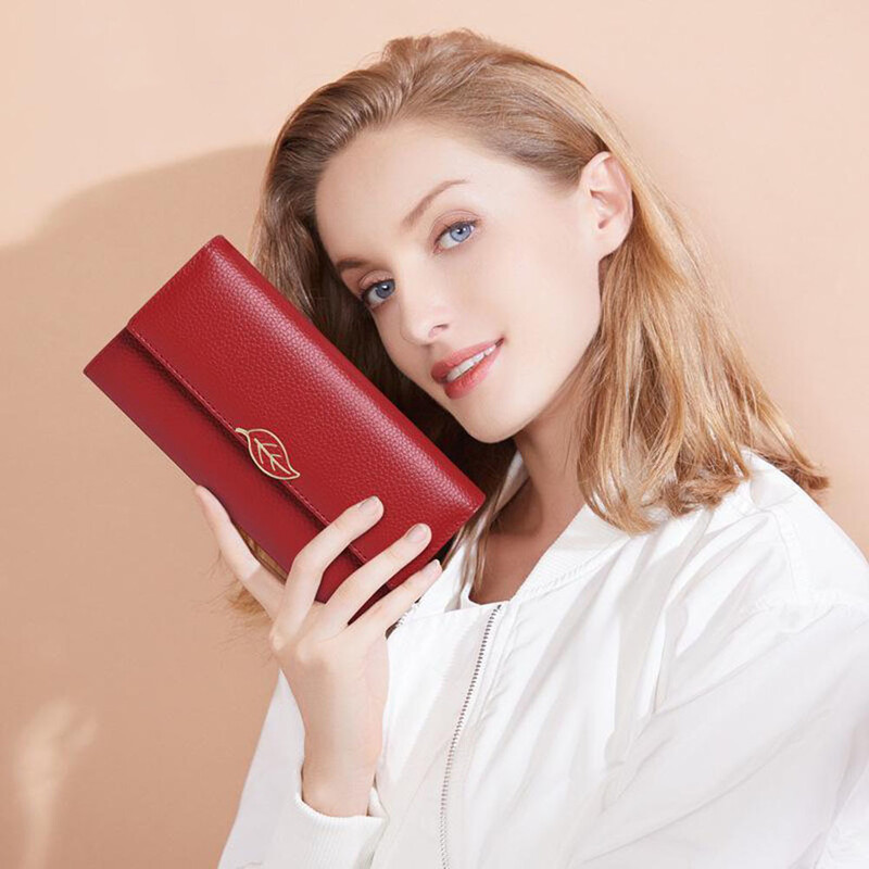 Új licsi mintás valódi bőr pénztárca nőknek, hosszú bőr levelű női pénztárca