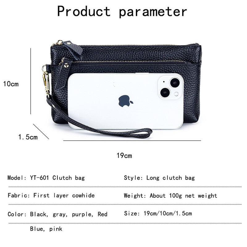 Poșetă pentru femei, poșetă din piele naturală, telefon mobil, smartphone, portofel lung, poșetă vintage, pentru călătorie, cu fermoar dublu