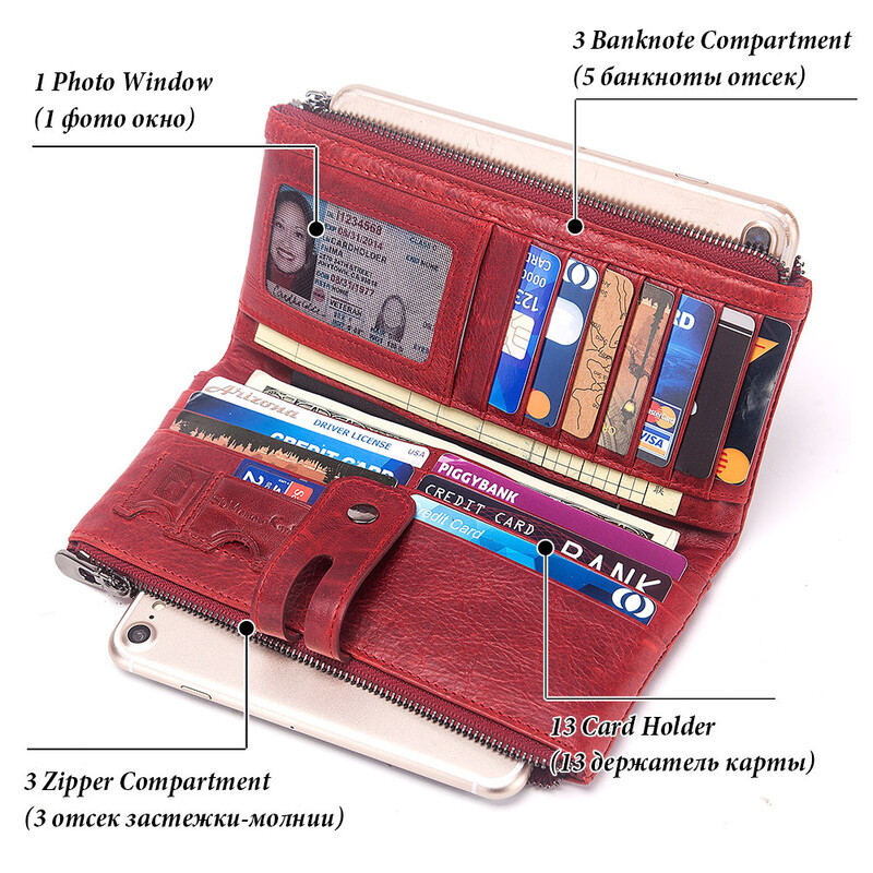 Jauns modes sieviešu maks 100% dabīgas ādas garie maki Rfid Wallet sarkans monētu maciņš karšu turētājs Portomonee rokassomiņa sievietēm