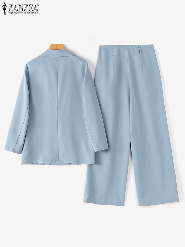 ZANZEA női elegáns 2 részes blézer öltönyök divatos csúcsos hajtókás blézer szettek magas derekú nadrág 2db ruhák irodai női nadrág szettek