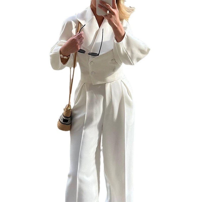 Ženski komplet hlača s bijelim sakoom, dvodijelni sako s duplim gumbima i niskim izrezom, hlače s visokim strukom, prošiveni, uredske ženske velike veličine
