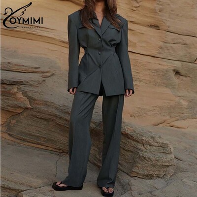 Oymimi elegáns szürke 2 részes szett női ruha divat zsebek hosszú ujjú tunika és egyszerű egyenes nadrág szettek irodai betét