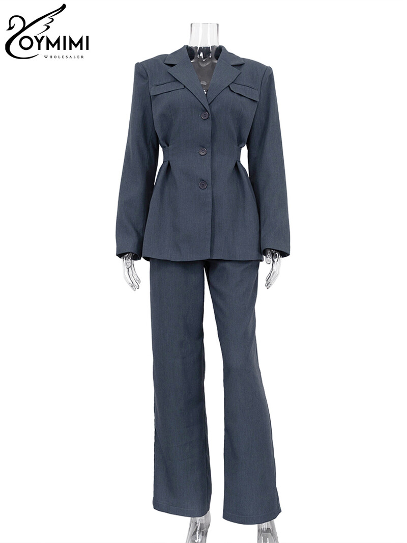 Oymimi elegáns szürke 2 részes szett női ruha divat zsebek hosszú ujjú tunika és egyszerű egyenes nadrág szettek irodai betét