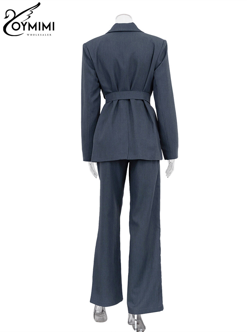 Oymimi elegáns szürke 2 részes szett női ruha divat zsebek hosszú ujjú tunika és egyszerű egyenes nadrág szettek irodai betét