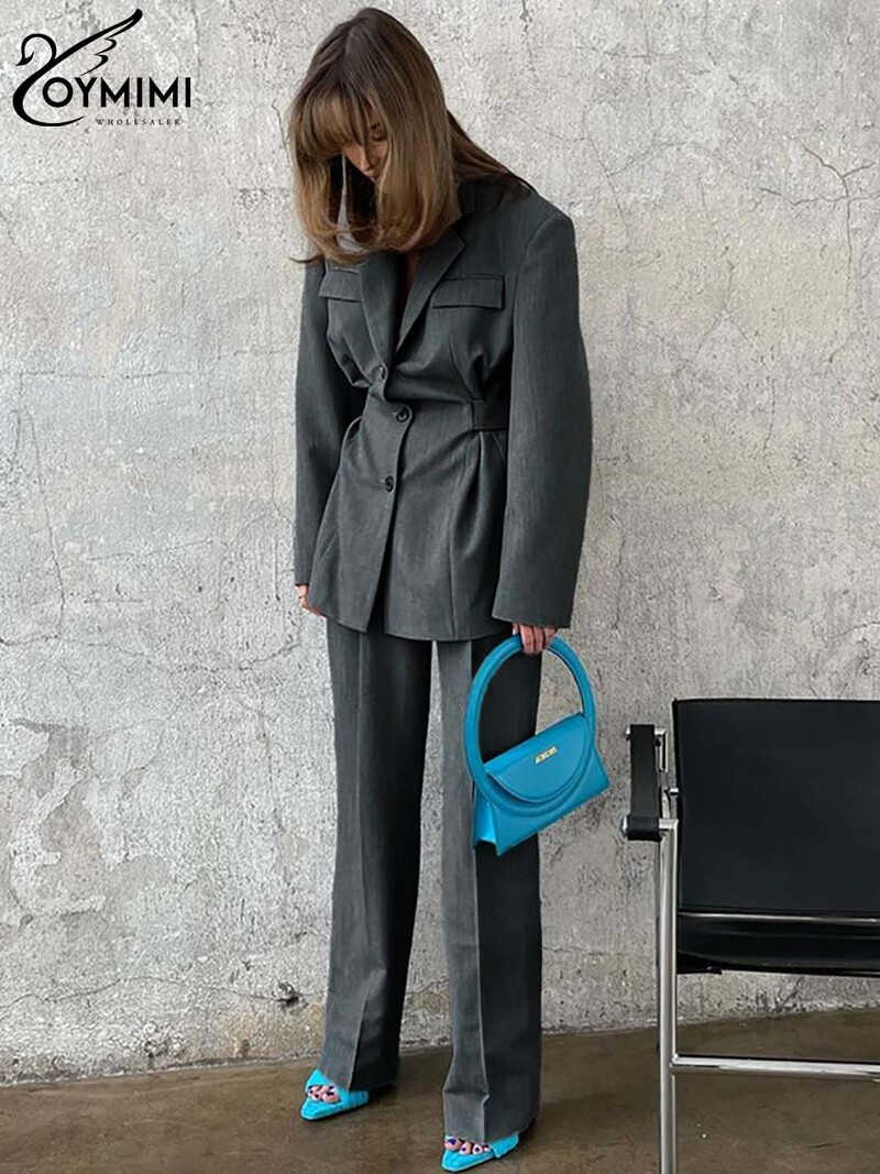 Oymimi elegáns szürke 2 részes szett női ruha divat zsebek hosszú ujjú tunika és egyszerű egyenes nadrág szettek irodai betét