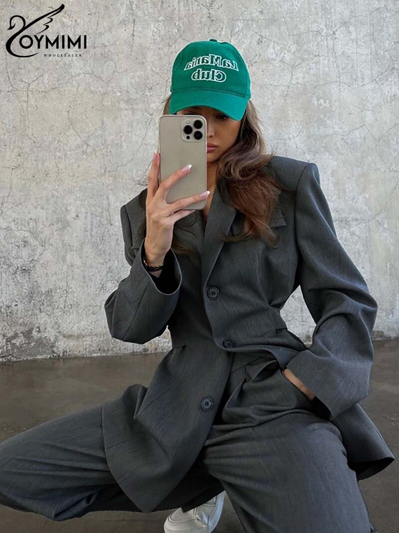 Oymimi elegáns szürke 2 részes szett női ruha divat zsebek hosszú ujjú tunika és egyszerű egyenes nadrág szettek irodai betét