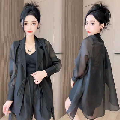 Vasaras jauns dobs saules aizsardzības šifona krekls, platas bikses divdaļīgs komplekts Elegants sieviešu bikšu komplekts biroja tērpi