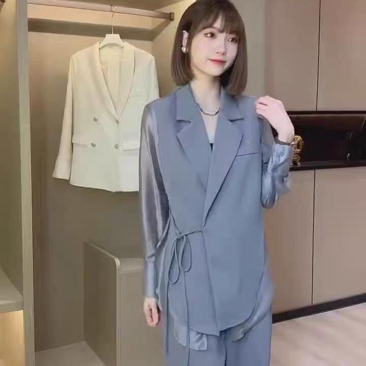 Vasaras jauns dobs saules aizsardzības šifona krekls, platas bikses divdaļīgs komplekts Elegants sieviešu bikšu komplekts biroja tērpi