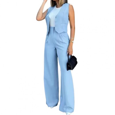 Haine de culoare solidă pentru femei Set de costume de afaceri elegante pentru femei cu vestă fără mâneci, pantaloni lați, formali pentru profesioniști