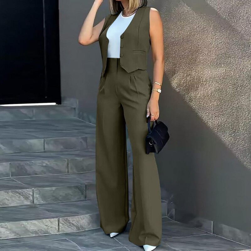 Γυναικεία μονόχρωμα ρούχα Κομψό σετ γυναικείο επαγγελματικό κοστούμι με αμάνικο γιλέκο φαρδύ παντελόνι επίσημο για επαγγελματίες