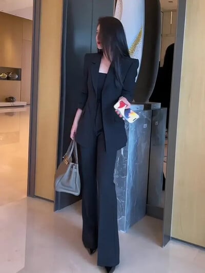 Toamnă Iarnă Costume de damă cu pantaloni Blazer și pantaloni pentru femei Set două piese Negru de afaceri formal picior lat Nou în grupuri potrivite