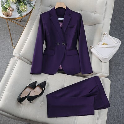 Deep Purple Blazer Pantaloni Seturi de costume pentru femei Jachetă cu mânecă lungă Blazer Casual Office Ladies Pantaloni Pentru afaceri sau ceremonie