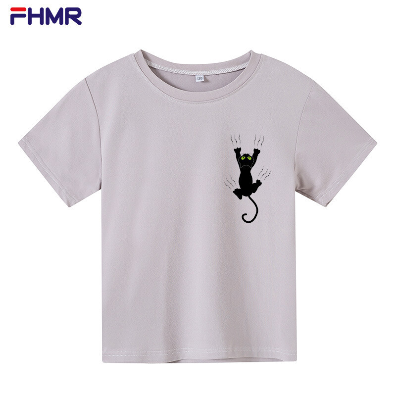 Ljeto 2022. Dječaci Djevojčice Bijela majica kratkih rukava Nova široka pamučna odjeća Top s printom mačića