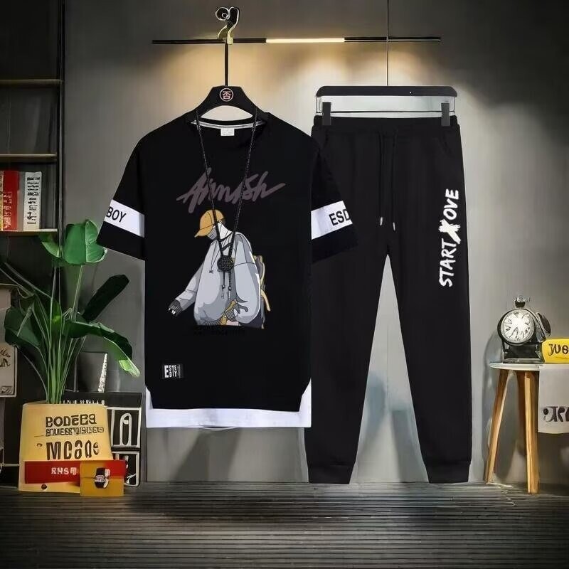 Vasaras ikdienas sporta kostīmi ar īsām piedurknēm Vīriešu modes modes zīmols Pusaudžiem Junioru vidusskolēniem Vasaras izskatīgs vīriešu apģērbs