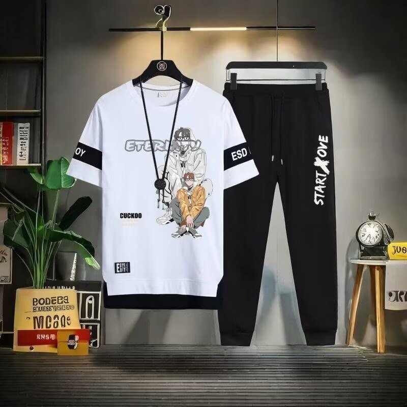 Vasaras ikdienas sporta kostīmi ar īsām piedurknēm Vīriešu modes modes zīmols Pusaudžiem Junioru vidusskolēniem Vasaras izskatīgs vīriešu apģērbs