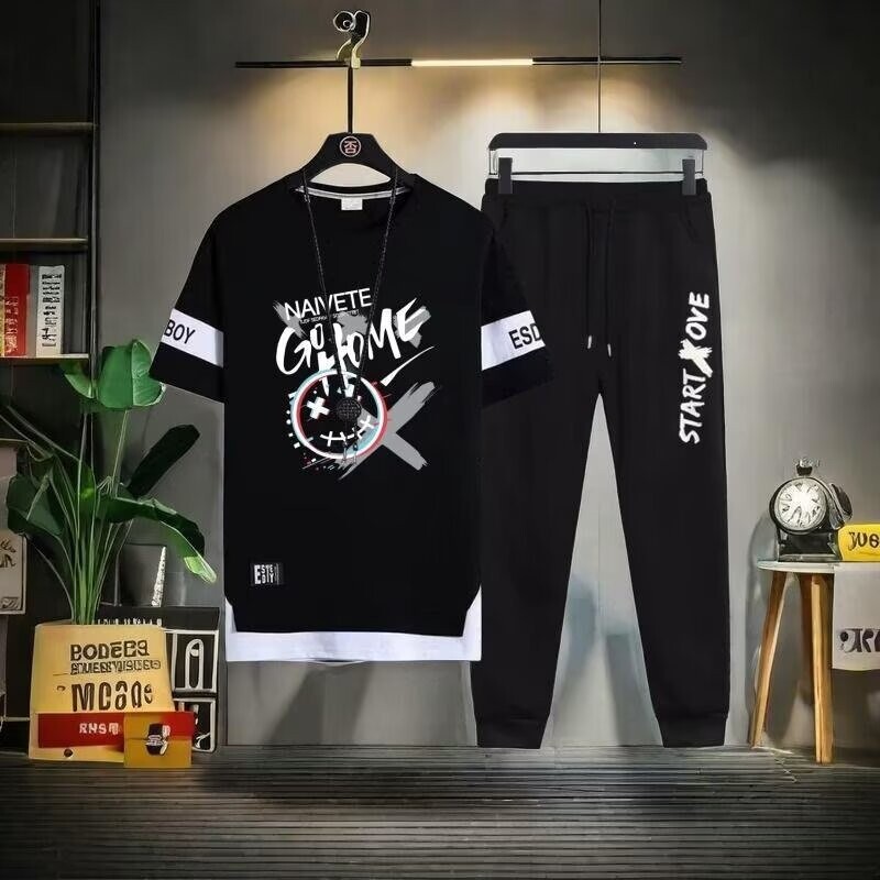 Vasaras ikdienas sporta kostīmi ar īsām piedurknēm Vīriešu modes modes zīmols Pusaudžiem Junioru vidusskolēniem Vasaras izskatīgs vīriešu apģērbs