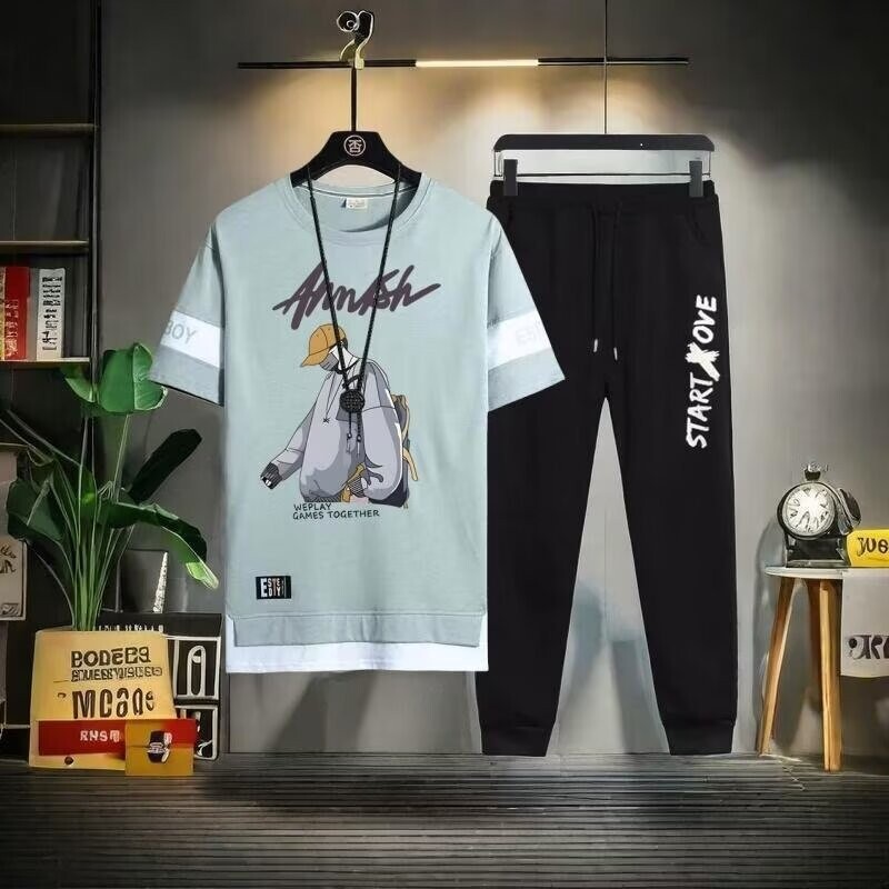 Vasaras ikdienas sporta kostīmi ar īsām piedurknēm Vīriešu modes modes zīmols Pusaudžiem Junioru vidusskolēniem Vasaras izskatīgs vīriešu apģērbs