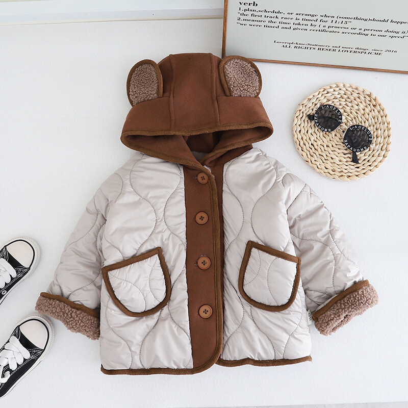 Îmbrăcăminte nouă transfrontalieră pentru copii, căptușită cu bumbac, îmbrăcăminte pentru copii, jachetă caldă din bumbac, umplută manual, cu guler mare din piele, cu căptușeală din bumbac.