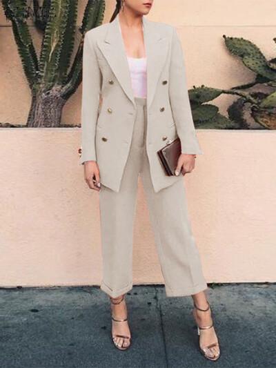 Ținute pentru femei Îmbrăcăminte de lucru supradimensionate Seturi de costume ZANZEA Office Lady 2BUC Seturi formale Blazer cu mâneci lungi și pantaloni de costum