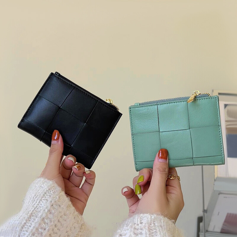 Portofel scurt pentru femei, țesute la modă, din piele naturală, portmoneu funcțional, pliabil, genți pentru bani, pentru femei șic, mici, suporturi de carduri multiple