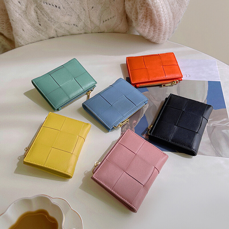 Portofel scurt pentru femei, țesute la modă, din piele naturală, portmoneu funcțional, pliabil, genți pentru bani, pentru femei șic, mici, suporturi de carduri multiple