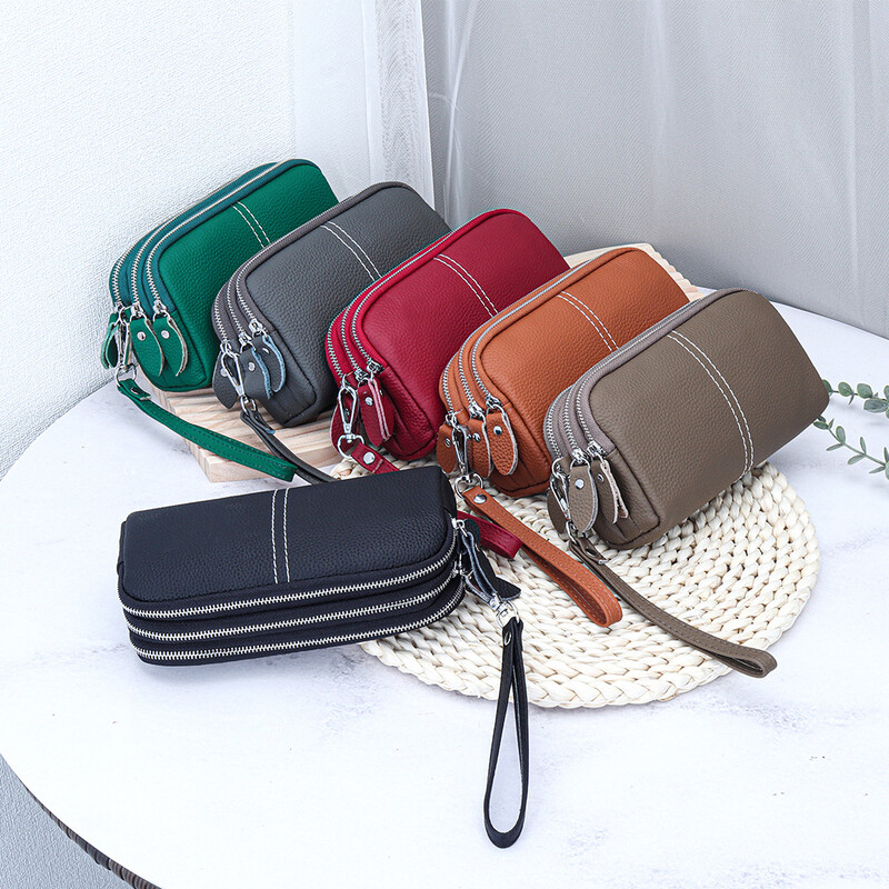 Ženski novčanik od kravlje kože, prava koža, 3 sloja, torbica s narukvicom s patentnim zatvaračem, torbica za novčiće, držač kreditne kartice, torbica za mobilni telefon