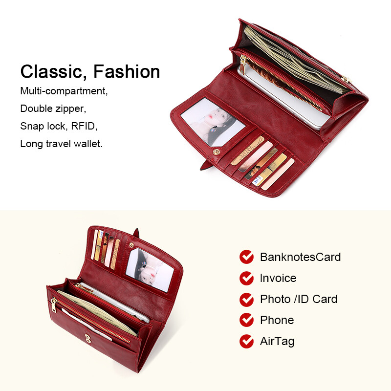 Portofel de damă din piele naturală Portofele lungi clasice cu fermoar portmoneu cu blocare RFID Suport pentru carduri pentru doamne Portfel