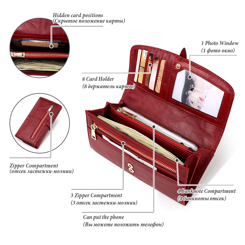 Portofel de damă din piele naturală Portofele lungi clasice cu fermoar portmoneu cu blocare RFID Suport pentru carduri pentru doamne Portfel