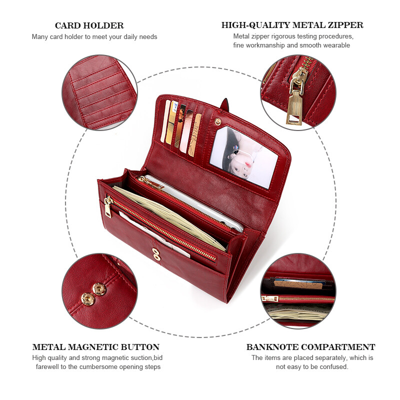 Portofel de damă din piele naturală Portofele lungi clasice cu fermoar portmoneu cu blocare RFID Suport pentru carduri pentru doamne Portfel