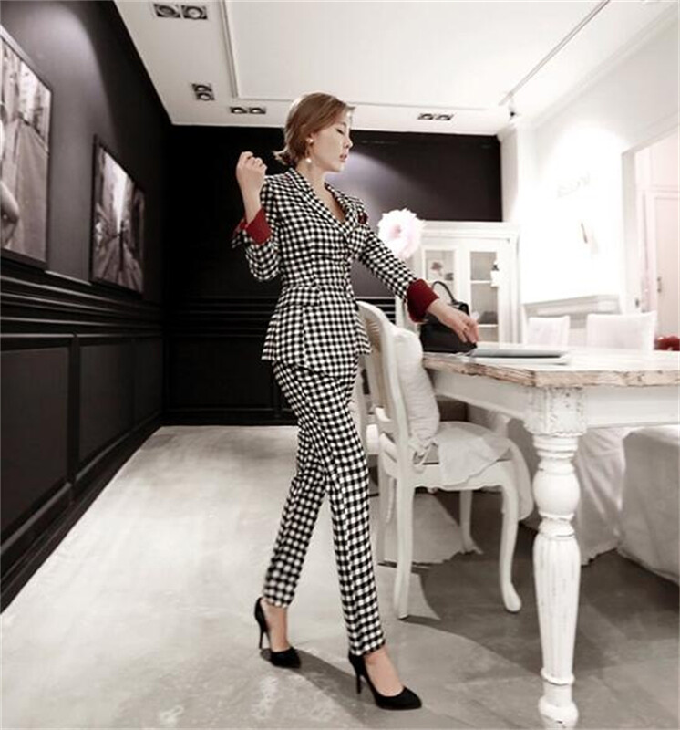 Set de costum blazer în carouri slim fit pentru femei, ocazional, pentru damă, cu un singur nasture, elegant Blaiser Mujer 2022, pantaloni blazer cu picioare de găină noi