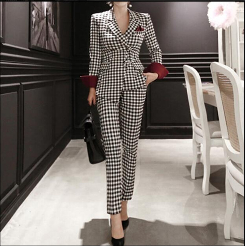 Set de costum blazer în carouri slim fit pentru femei, ocazional, pentru damă, cu un singur nasture, elegant Blaiser Mujer 2022, pantaloni blazer cu picioare de găină noi