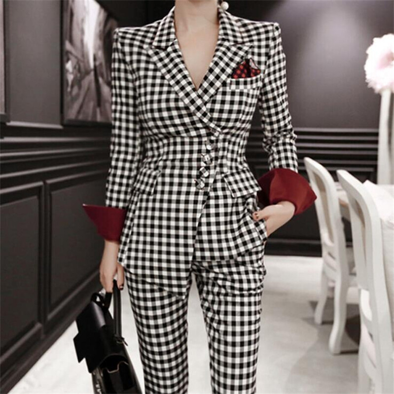 Set de costum blazer în carouri slim fit pentru femei, ocazional, pentru damă, cu un singur nasture, elegant Blaiser Mujer 2022, pantaloni blazer cu picioare de găină noi