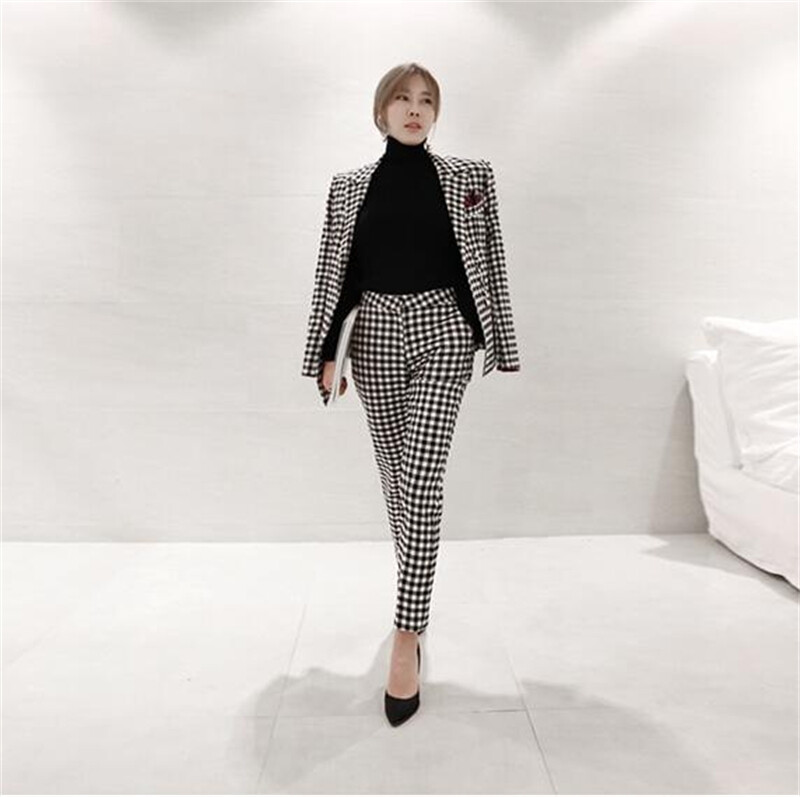 Set de costum blazer în carouri slim fit pentru femei, ocazional, pentru damă, cu un singur nasture, elegant Blaiser Mujer 2022, pantaloni blazer cu picioare de găină noi
