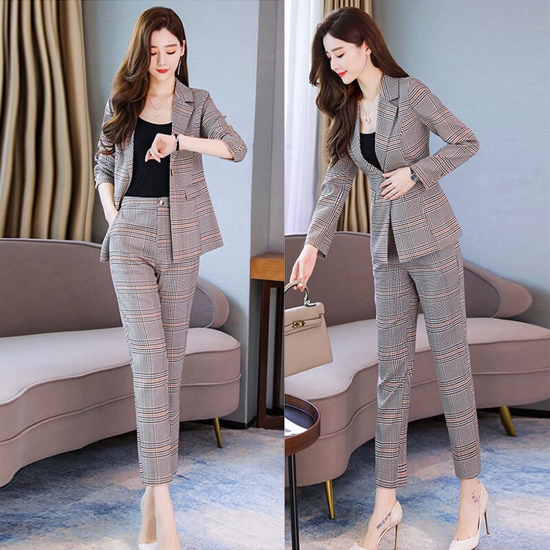Žensko odijelo za proljeće i ljeto 2023., nova korejska verzija, uski karirani kaput u zapadnom stilu, dvodijelni set ležernih hlača za starenje