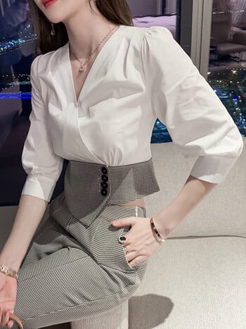 2023 Fashion Profession Business 2 Pieces Sets Women Houndstooth Paneled Ladies Blouse High Waist Pants Femme Work Office костюми