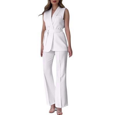 Chic dvodijelni ženski prsluk s detaljima na gumbe s preklopom i krojenim hlačama Svestrana odjeća za posao i sofisticirana