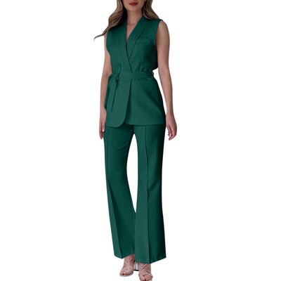 Chic dvodijelni ženski prsluk s detaljima na gumbe s preklopom i krojenim hlačama Svestrana odjeća za posao i sofisticirana