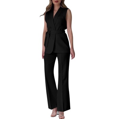 Chic dvodijelni ženski prsluk s detaljima na gumbe s preklopom i krojenim hlačama Svestrana odjeća za posao i sofisticirana