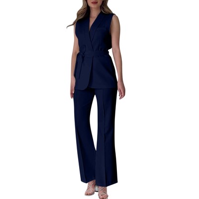 Chic dvodijelni ženski prsluk s detaljima na gumbe s preklopom i krojenim hlačama Svestrana odjeća za posao i sofisticirana