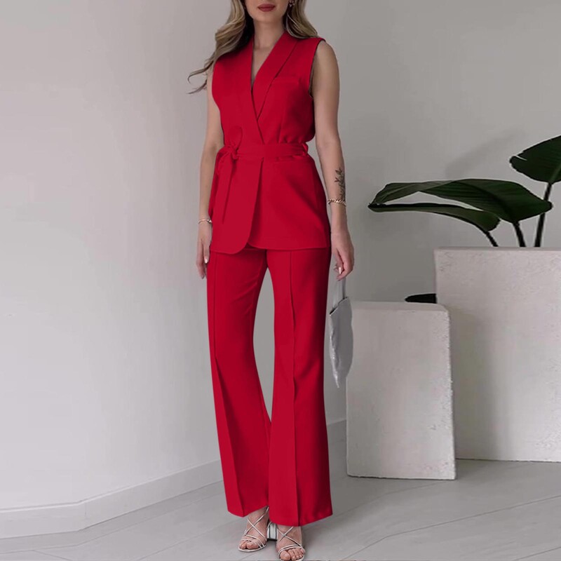 Chic dvodijelni ženski prsluk s detaljima na gumbe s preklopom i krojenim hlačama Svestrana odjeća za posao i sofisticirana