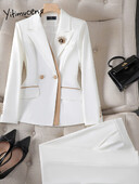 Yitimuceng Ženska odijela Uredski kompleti 2023. Chic sakoi dugih rukava s dvostrukim kopčanjem s obloženim pločama + hlače s visokim strukom Uske suknje Odijela