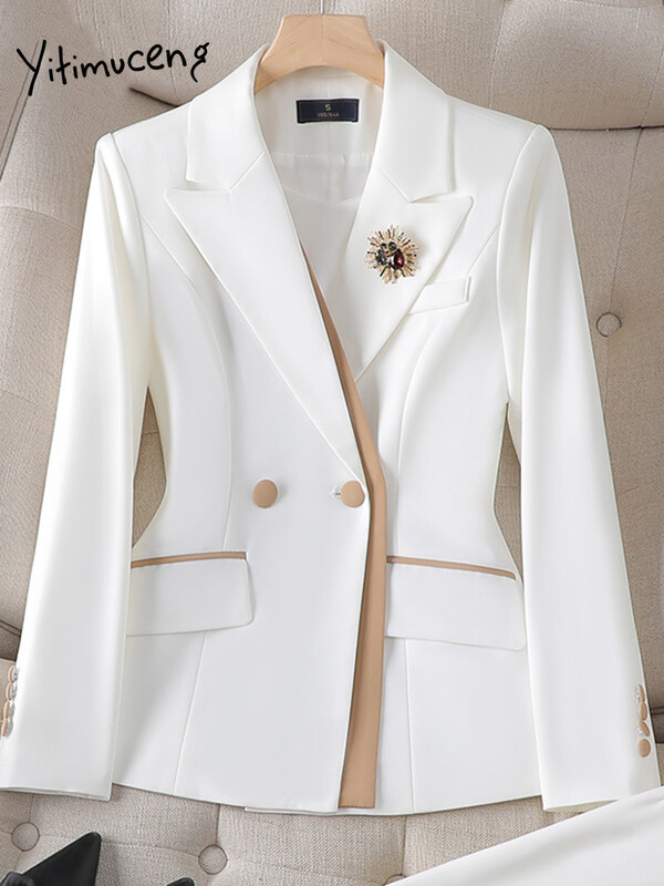 Yitimuceng Ženska odijela Uredski kompleti 2023. Chic sakoi dugih rukava s dvostrukim kopčanjem s obloženim pločama + hlače s visokim strukom Uske suknje Odijela