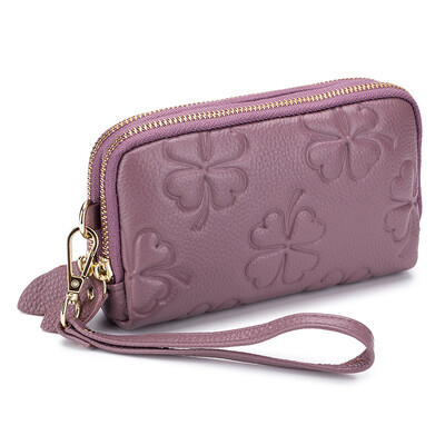 Ženski dugi novčanik od prave kože Ženska torbica za novčiće s dvostrukim patentnim zatvaračem, djetelina s četiri lista, držač kartice, slatka ženska torba za novac, luksuzna spojka