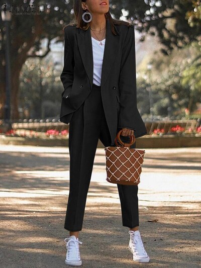 ZANZEA Ležerna odjeća s dugim hlačama Ženski dvodijelni kompleti Modni sako s dugim rukavima Elegantni setovi za uredske dame