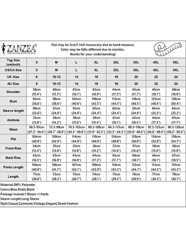 ZANZEA Ležerna odjeća s dugim hlačama Ženski dvodijelni kompleti Modni sako s dugim rukavima Elegantni setovi za uredske dame