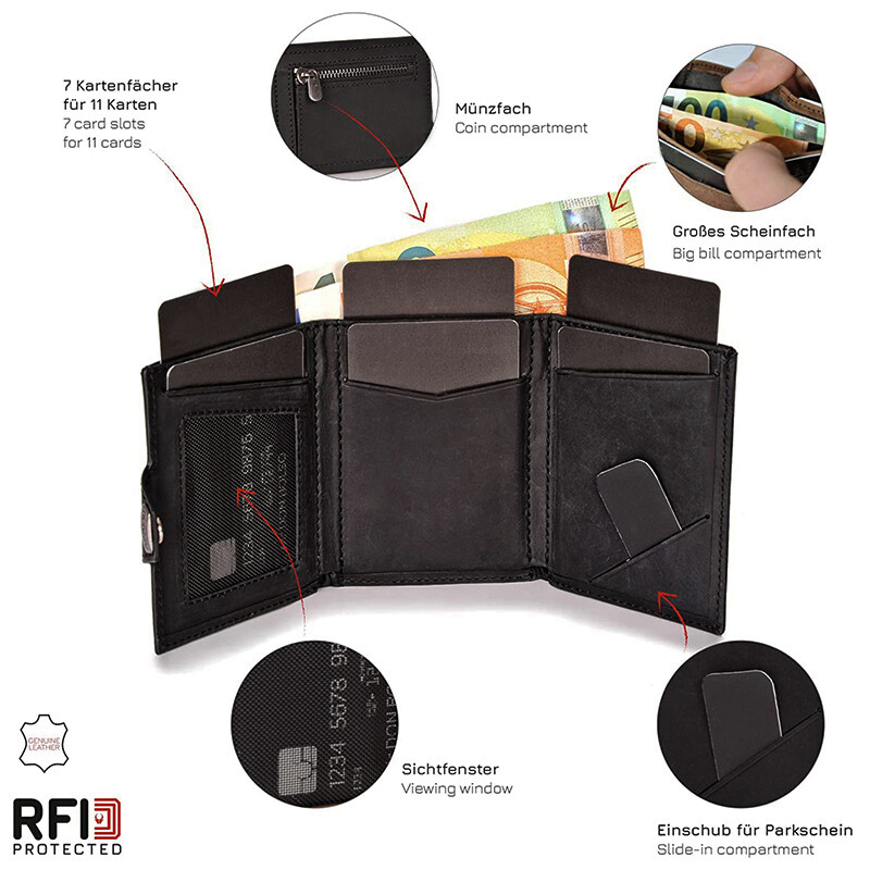 YE TREE Tanki aluminijski metalni novčanik za muškarce s patentnim zatvaračem Držač kreditne kartice RFID novčanik od prave kože koji se otvara za kartice i kovanice Man